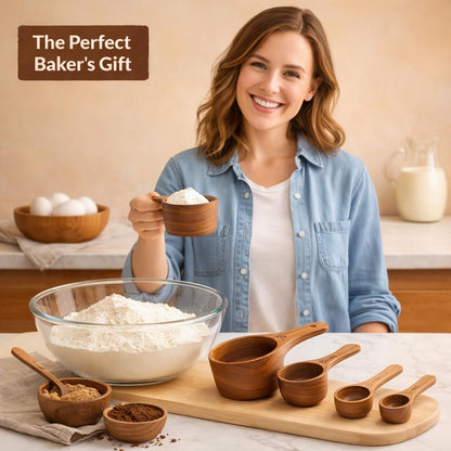 Wooden Measuring Cups and Spoons Set - Eco-Friendly Solid Acacia Wood, Laser Engraved Measurements, Perfect for Baking & Cooking - Ideal for Bakers, Chefs & Home Cooks（brown）