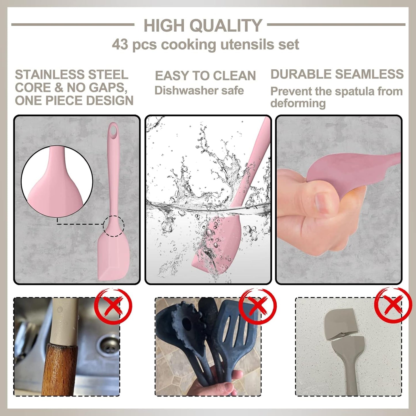 Silicone Cooking Kitchen Utensil Set, 43 Pcs Pink Cooking Utensils Set, Turner, Tongs, Spoon, Spatula, Kitchen Gadgets Tools Set For Nonstick Cookware, Heat Resistant (Dishwasher, BPA Free)