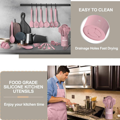 Silicone Cooking Kitchen Utensil Set, 43 Pcs Pink Cooking Utensils Set, Turner, Tongs, Spoon, Spatula, Kitchen Gadgets Tools Set For Nonstick Cookware, Heat Resistant (Dishwasher, BPA Free)