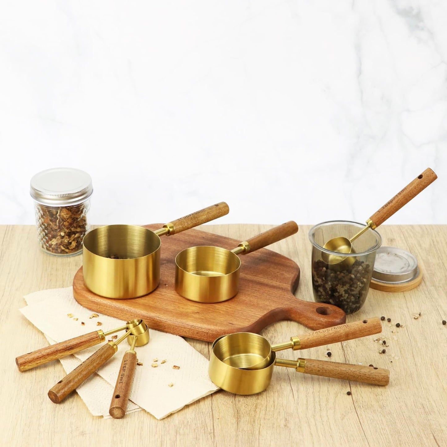 8-Piece Stainless Steel Measuring Cups and Spoons Set - Non-Slip Solid Wood Handles, for Baking, Cooking, Grilling
