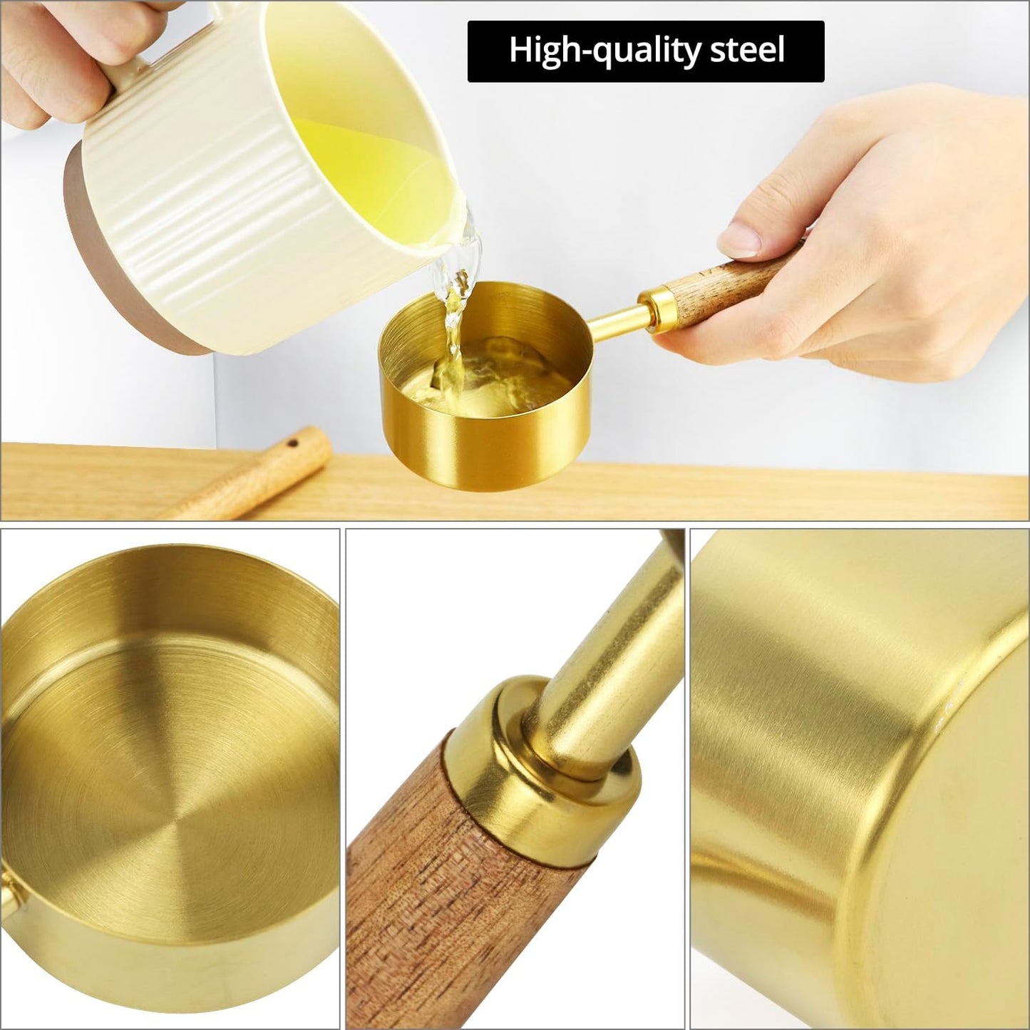 8-Piece Stainless Steel Measuring Cups and Spoons Set - Non-Slip Solid Wood Handles, for Baking, Cooking, Grilling