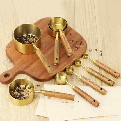 8-Piece Stainless Steel Measuring Cups and Spoons Set - Non-Slip Solid Wood Handles, for Baking, Cooking, Grilling