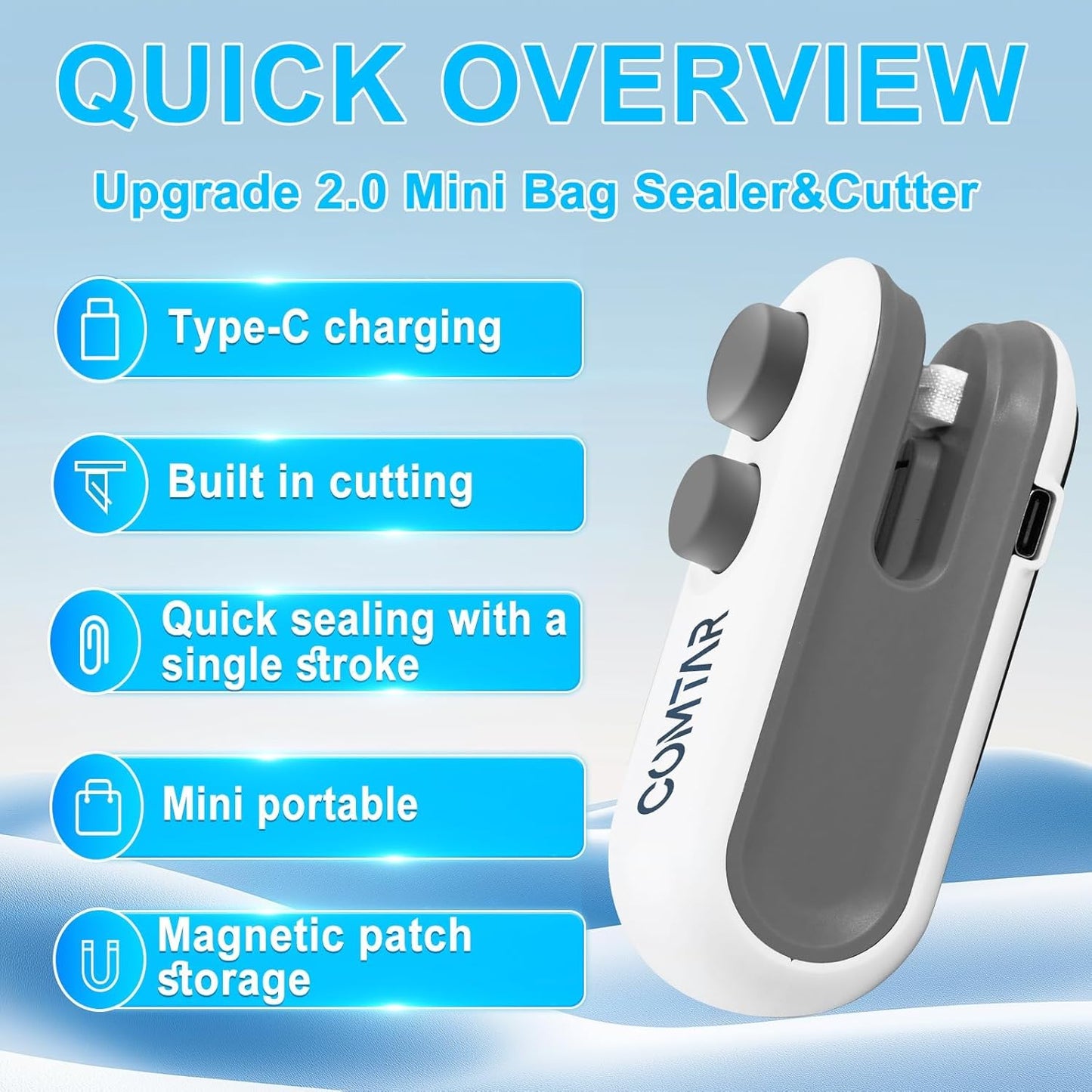 2in1 Mini Bag Sealer With Cutter,Handheld Chip Bag Sealer | Mini Bag Sealer With Cutter And Magnet,Heat Seal , Portable Handheld plastic bag sealer