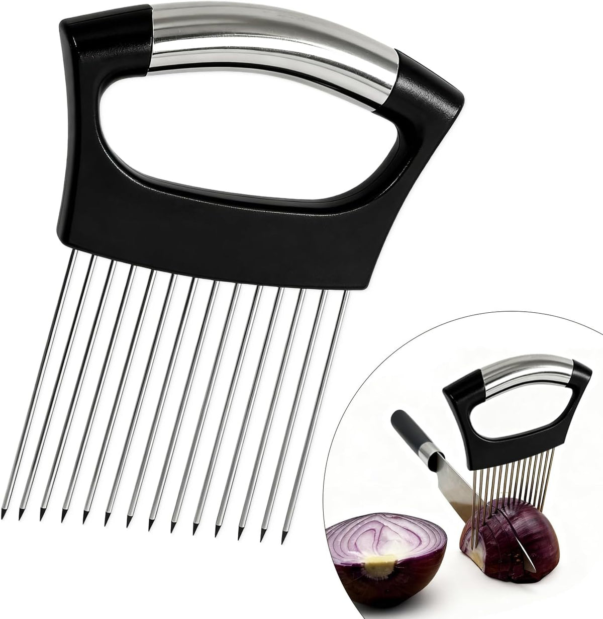 Extra-Large Onion Holder for Slicing, Onion Cutter Vegetable Chopper, Extra-Large Tomato Slicer with 16 Long Needles, Stainless Steel Tomato Potato Slicer, Meat and Food Slicing