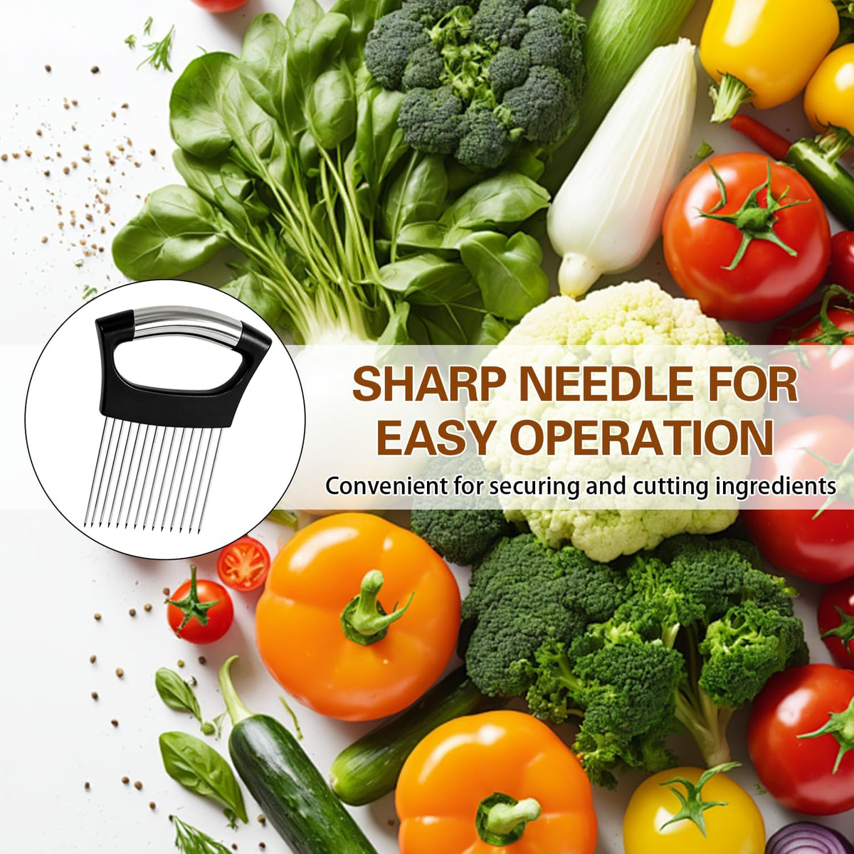 Extra-Large Onion Holder for Slicing, Onion Cutter Vegetable Chopper, Extra-Large Tomato Slicer with 16 Long Needles, Stainless Steel Tomato Potato Slicer, Meat and Food Slicing