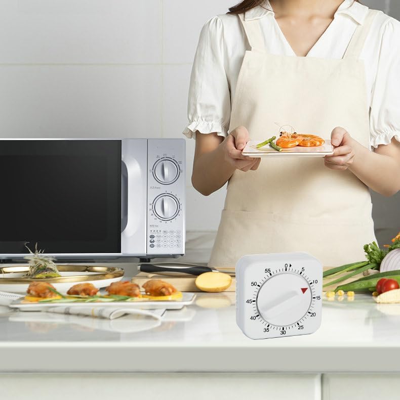 Square 60 Minute Mechanical Kitchen Timer - Visual Kitchen Cooking Timer Clock with Loud Alarm - No Batteries Required-Manual Countdown Timer for Classroom, Home, Study and Cooking (White)