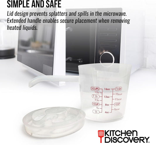 Microwavable Measuring Cup – – 2 Cup Plastic Measuring Cup with Spout, Lid, and Extended Handle for Safe Boiling and Pouring – Microwave Safe Measuring Cup