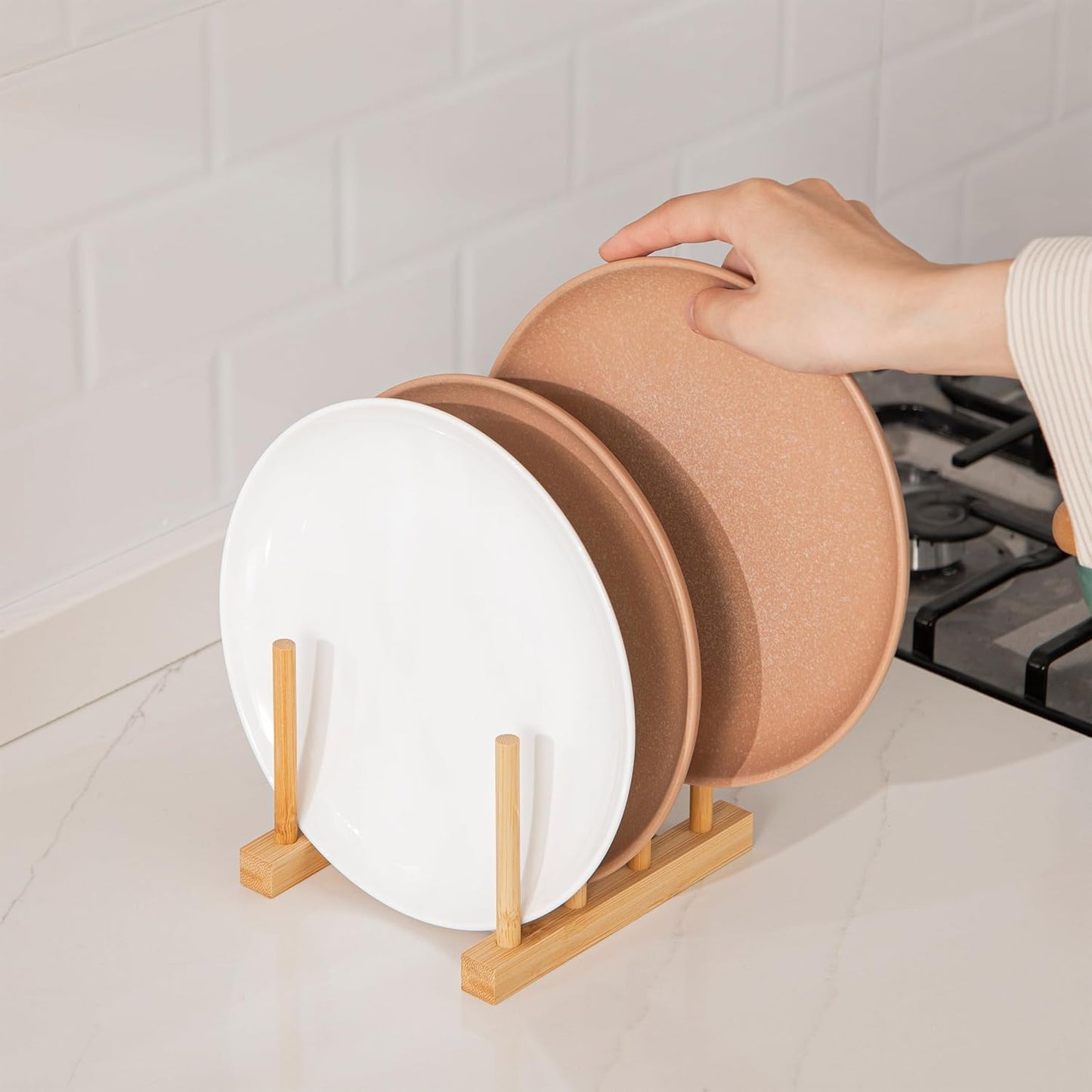 2pcs Bamboo Dish Plate Bowl Cup Book Pot Lid Cutting Board Drying Rack Stand Drainer Storage Holder Organizer Kitchen Cabinet（Keep Dry）