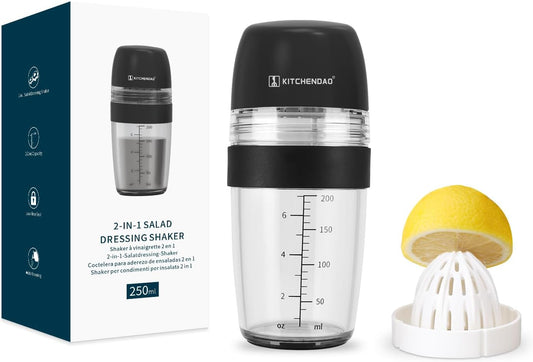 2 in 1 Salad Dressing Shaker Container with Juicer, Pour Spout, LeakprooF, Soft Grip, Dishwasher Safe, Homemade Oil and Vinegar Salad Dressing Bottle Mixer Dispenser, BPA Free 1 Cup, Black