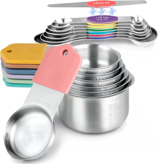 Magnetic Measuring Cups & Spoons Set, Patented, Strong N45 Magnets, Heavy Duty Stainless Steel Fits in Spice Jars for Baking & Cooking, Round Set of 15 with Leveler Colorful
