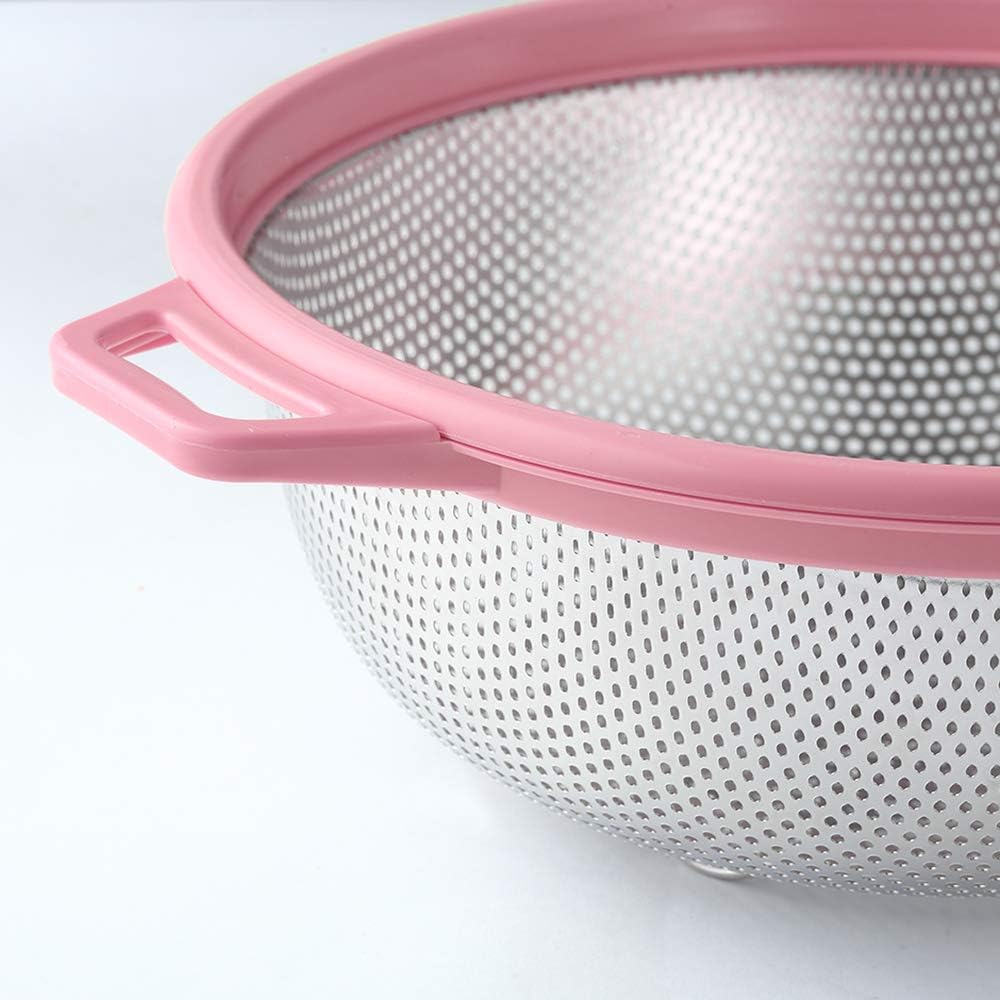 Stainless Steel Colander With Handle and Legs, Large Metal Pink Strainer for Pasta, Spaghetti, Berry, Veggies, Fruits, Noodles, Salads, 5-quart 10.5” Kitchen Mesh Colander, Dishwasher Safe