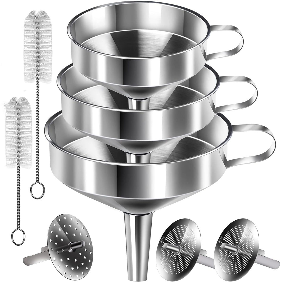 Stainless Steel Funnel, 3PCS Kitchen Funnels for Filling Bottles Set, Large Food Grade Metal Funnel with 3pcs Removable Strainer, 2pcs Brushes, Funnels for Kitchen Use, Bottle Funnel for Liquid