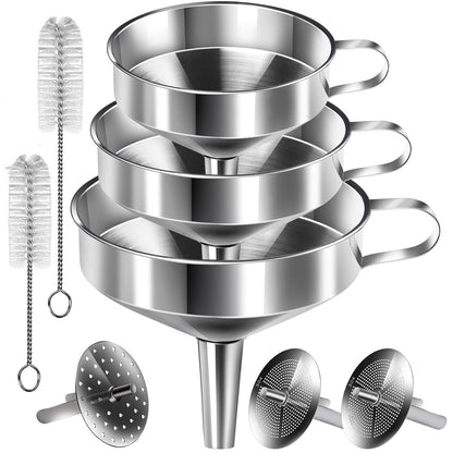 Stainless Steel Funnel, 3PCS Kitchen Funnels for Filling Bottles Set, Large Food Grade Metal Funnel with 3pcs Removable Strainer, 2pcs Brushes, Funnels for Kitchen Use, Bottle Funnel for Liquid