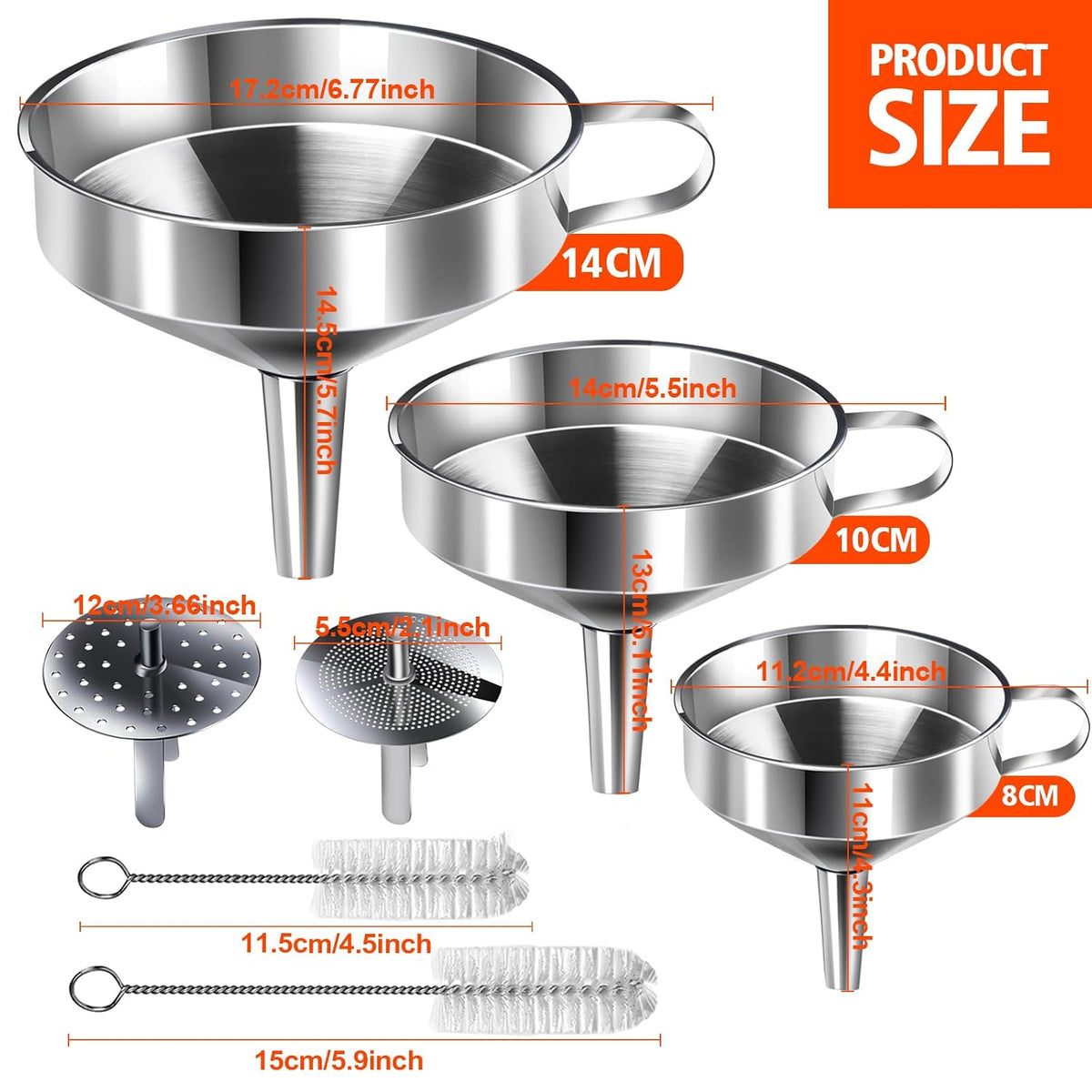 Stainless Steel Funnel, 3PCS Kitchen Funnels for Filling Bottles Set, Large Food Grade Metal Funnel with 3pcs Removable Strainer, 2pcs Brushes, Funnels for Kitchen Use, Bottle Funnel for Liquid
