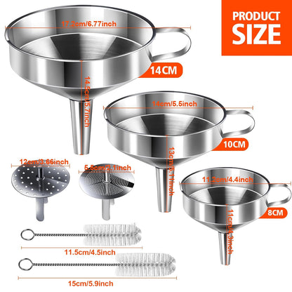 Stainless Steel Funnel, 3PCS Kitchen Funnels for Filling Bottles Set, Large Food Grade Metal Funnel with 3pcs Removable Strainer, 2pcs Brushes, Funnels for Kitchen Use, Bottle Funnel for Liquid