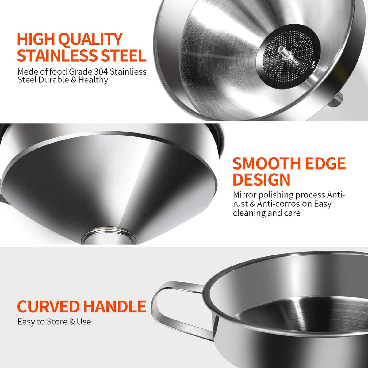 Stainless Steel Funnel, 3PCS Kitchen Funnels for Filling Bottles Set, Large Food Grade Metal Funnel with 3pcs Removable Strainer, 2pcs Brushes, Funnels for Kitchen Use, Bottle Funnel for Liquid
