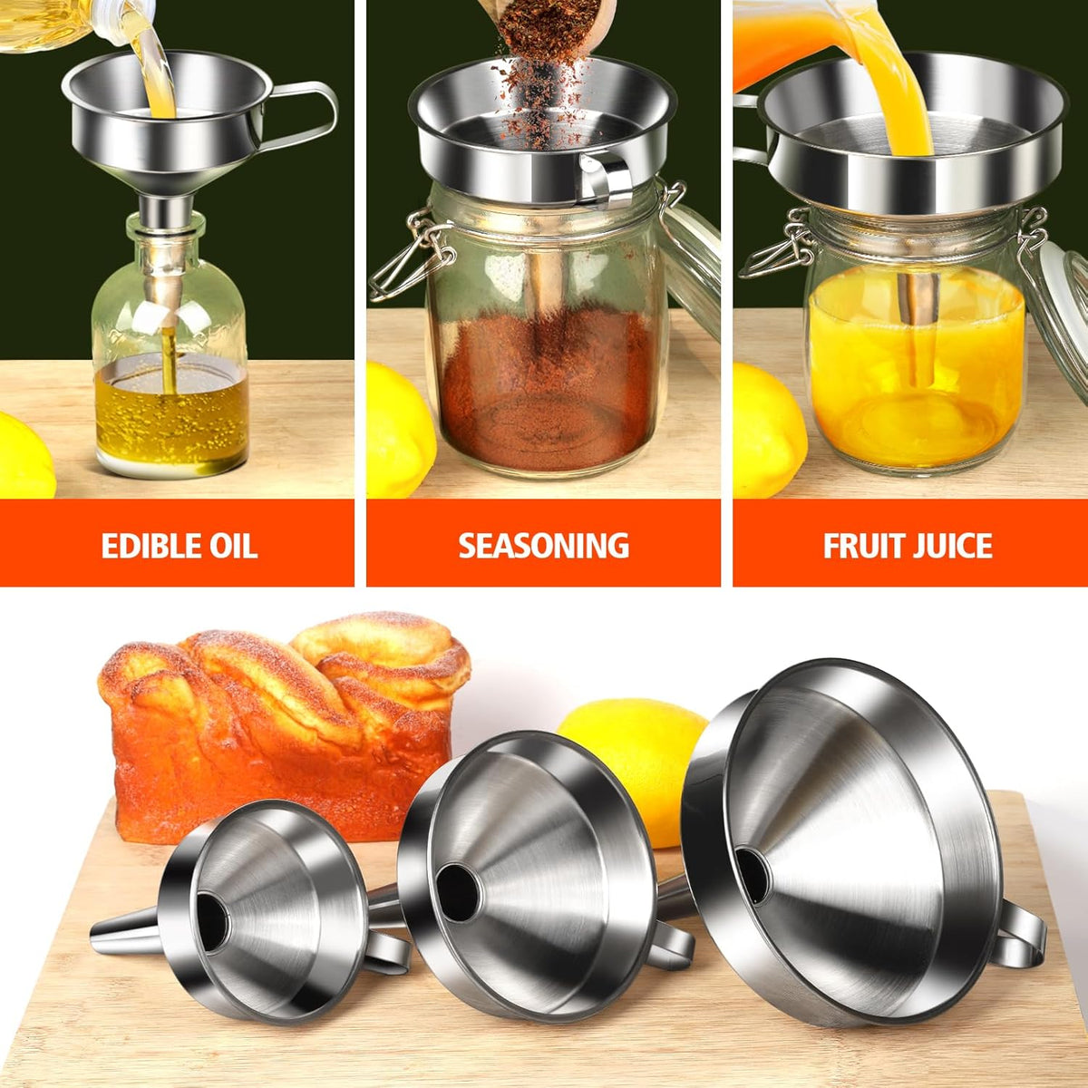 Stainless Steel Funnel, 3PCS Kitchen Funnels for Filling Bottles Set, Large Food Grade Metal Funnel with 3pcs Removable Strainer, 2pcs Brushes, Funnels for Kitchen Use, Bottle Funnel for Liquid