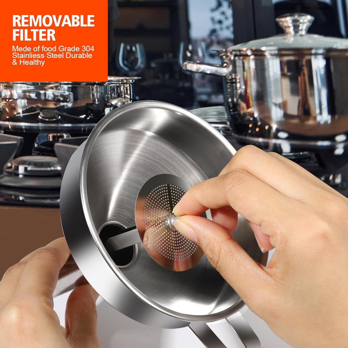 Stainless Steel Funnel, 3PCS Kitchen Funnels for Filling Bottles Set, Large Food Grade Metal Funnel with 3pcs Removable Strainer, 2pcs Brushes, Funnels for Kitchen Use, Bottle Funnel for Liquid