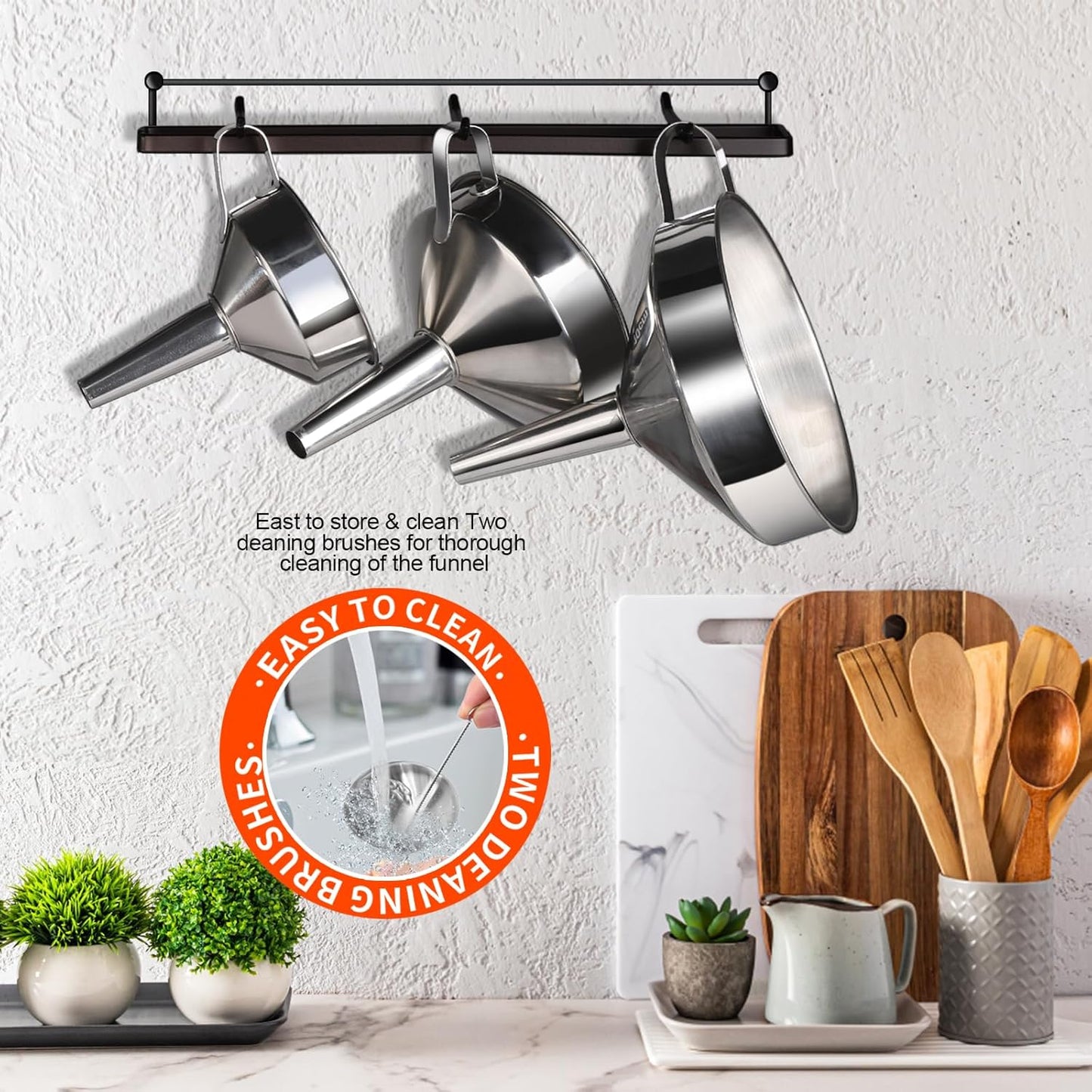 Stainless Steel Funnel, 3PCS Kitchen Funnels for Filling Bottles Set, Large Food Grade Metal Funnel with 3pcs Removable Strainer, 2pcs Brushes, Funnels for Kitchen Use, Bottle Funnel for Liquid