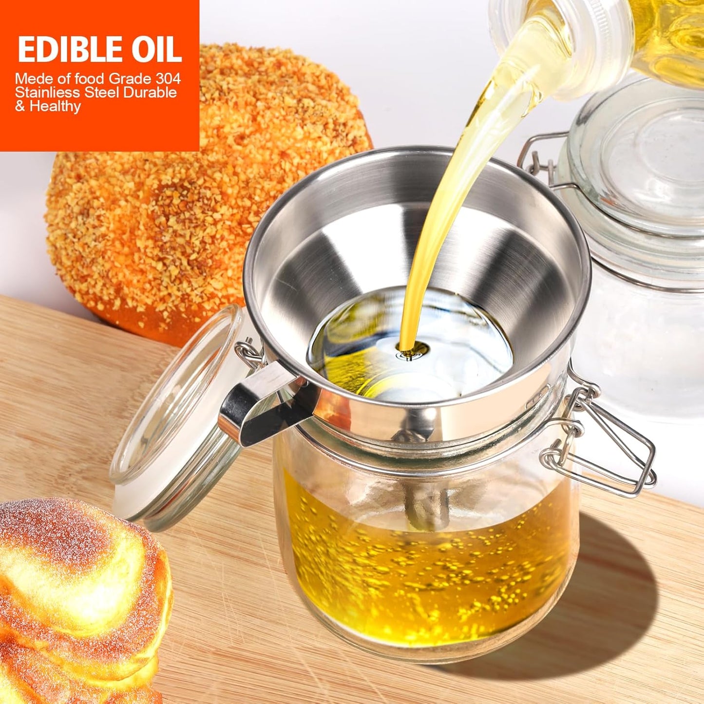 Stainless Steel Funnel, 3PCS Kitchen Funnels for Filling Bottles Set, Large Food Grade Metal Funnel with 3pcs Removable Strainer, 2pcs Brushes, Funnels for Kitchen Use, Bottle Funnel for Liquid