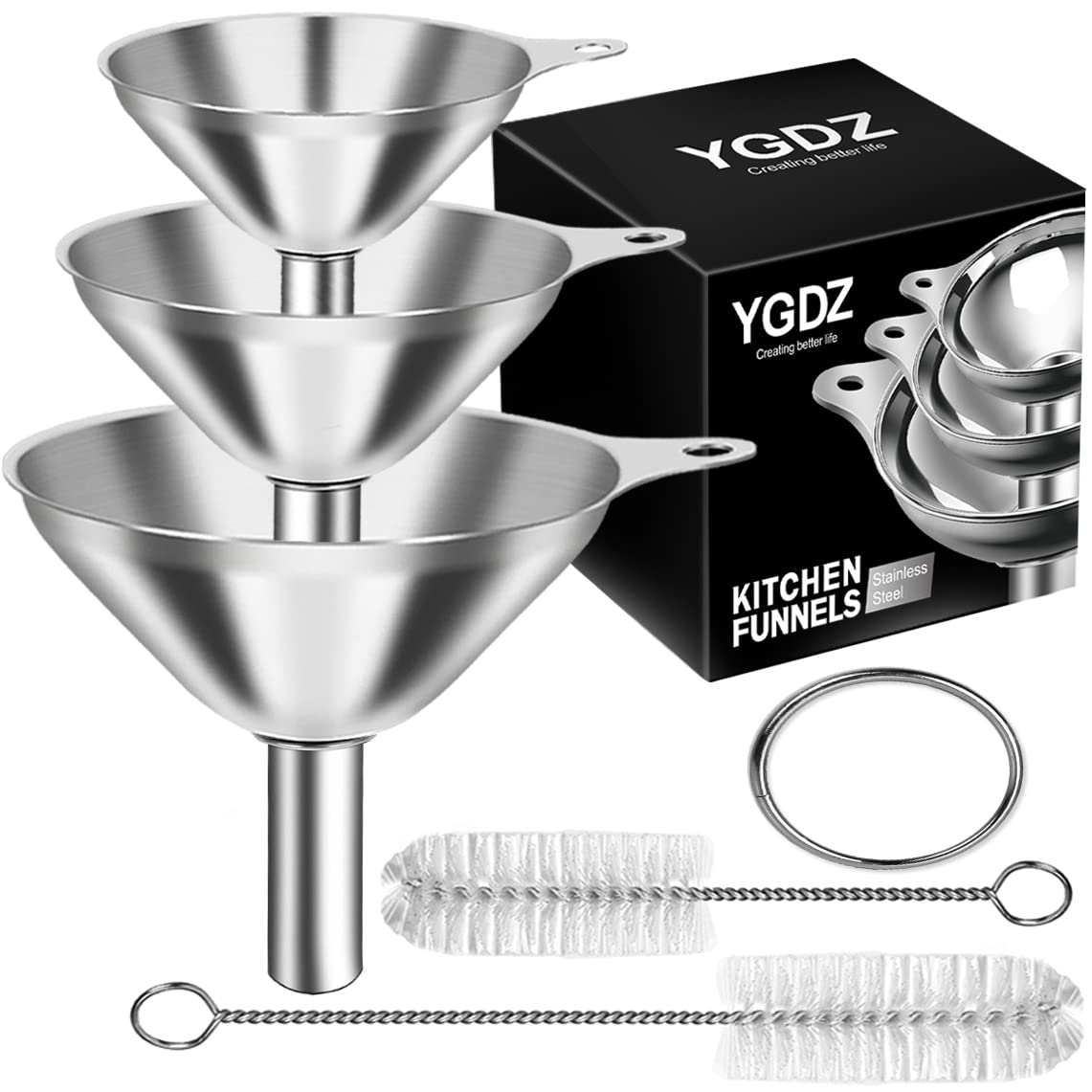 Stainless Steel Funnel, 3PCS Kitchen Funnels for Filling Bottles Set, Large Food Grade Metal Funnel with 3pcs Removable Strainer, 2pcs Brushes, Funnels for Kitchen Use, Bottle Funnel for Liquid