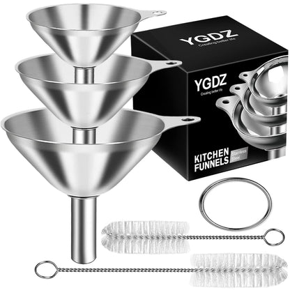 Stainless Steel Funnel, 3PCS Kitchen Funnels for Filling Bottles Set, Large Food Grade Metal Funnel with 3pcs Removable Strainer, 2pcs Brushes, Funnels for Kitchen Use, Bottle Funnel for Liquid