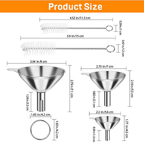 Stainless Steel Funnel, 3PCS Kitchen Funnels for Filling Bottles Set, Large Food Grade Metal Funnel with 3pcs Removable Strainer, 2pcs Brushes, Funnels for Kitchen Use, Bottle Funnel for Liquid