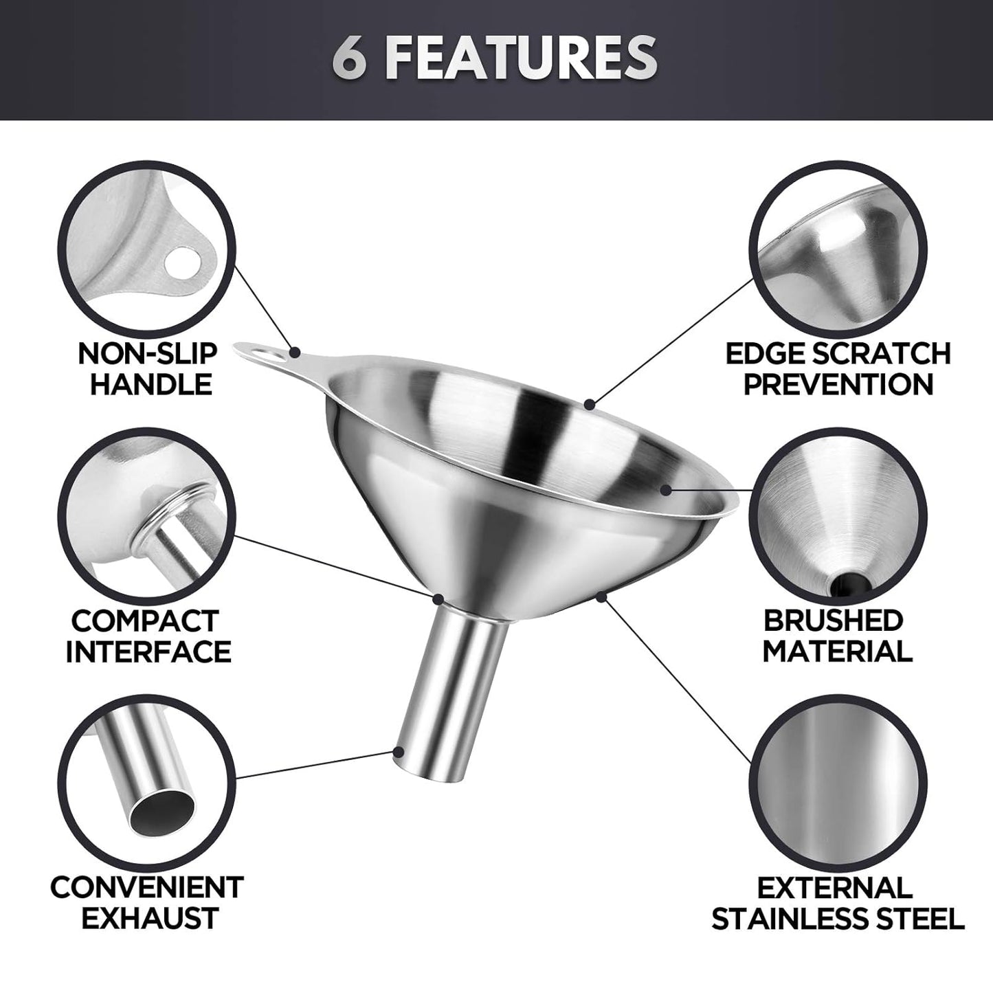 Stainless Steel Funnel, 3PCS Kitchen Funnels for Filling Bottles Set, Large Food Grade Metal Funnel with 3pcs Removable Strainer, 2pcs Brushes, Funnels for Kitchen Use, Bottle Funnel for Liquid