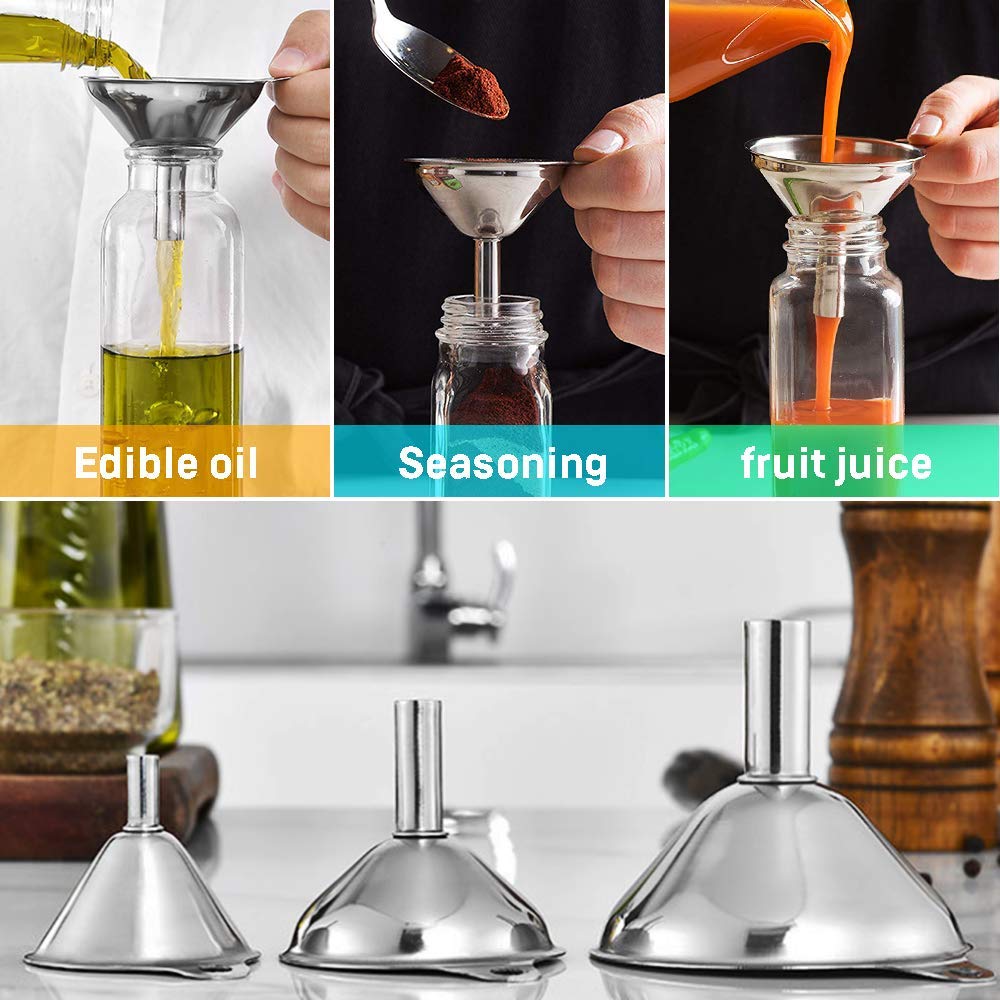 Stainless Steel Funnel, 3PCS Kitchen Funnels for Filling Bottles Set, Large Food Grade Metal Funnel with 3pcs Removable Strainer, 2pcs Brushes, Funnels for Kitchen Use, Bottle Funnel for Liquid