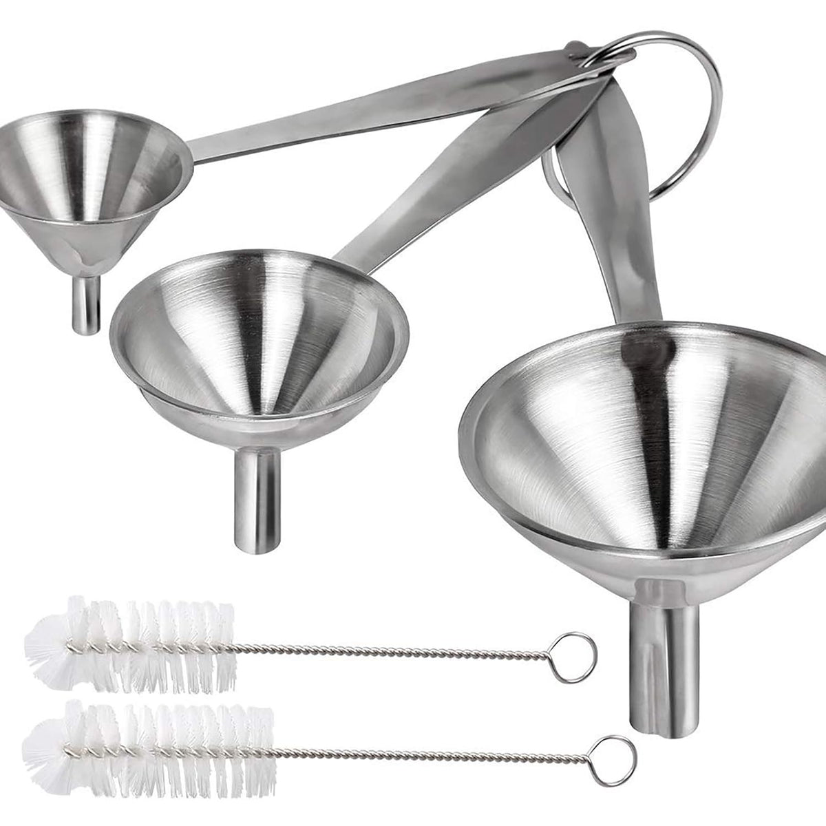 Stainless Steel Funnel, 3PCS Kitchen Funnels for Filling Bottles Set, Large Food Grade Metal Funnel with 3pcs Removable Strainer, 2pcs Brushes, Funnels for Kitchen Use, Bottle Funnel for Liquid