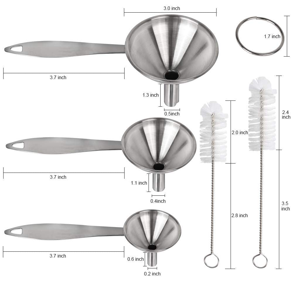 Stainless Steel Funnel, 3PCS Kitchen Funnels for Filling Bottles Set, Large Food Grade Metal Funnel with 3pcs Removable Strainer, 2pcs Brushes, Funnels for Kitchen Use, Bottle Funnel for Liquid