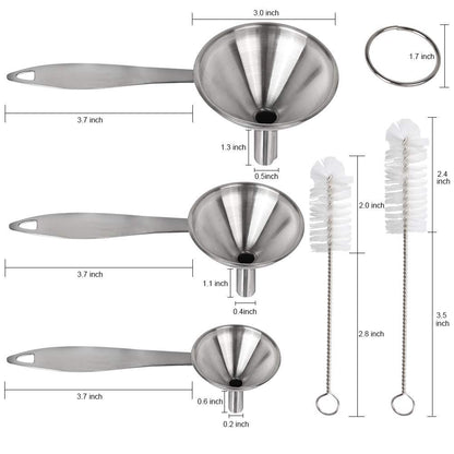 Stainless Steel Funnel, 3PCS Kitchen Funnels for Filling Bottles Set, Large Food Grade Metal Funnel with 3pcs Removable Strainer, 2pcs Brushes, Funnels for Kitchen Use, Bottle Funnel for Liquid