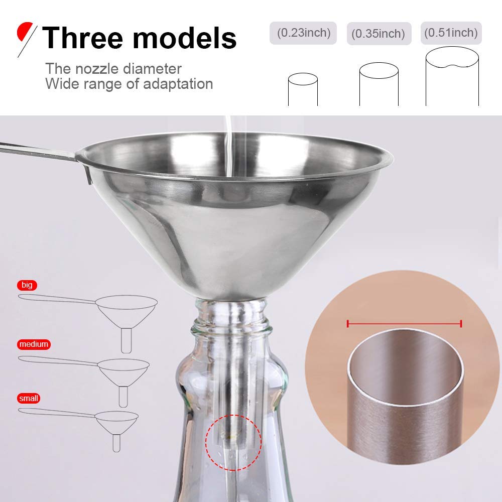 Stainless Steel Funnel, 3PCS Kitchen Funnels for Filling Bottles Set, Large Food Grade Metal Funnel with 3pcs Removable Strainer, 2pcs Brushes, Funnels for Kitchen Use, Bottle Funnel for Liquid