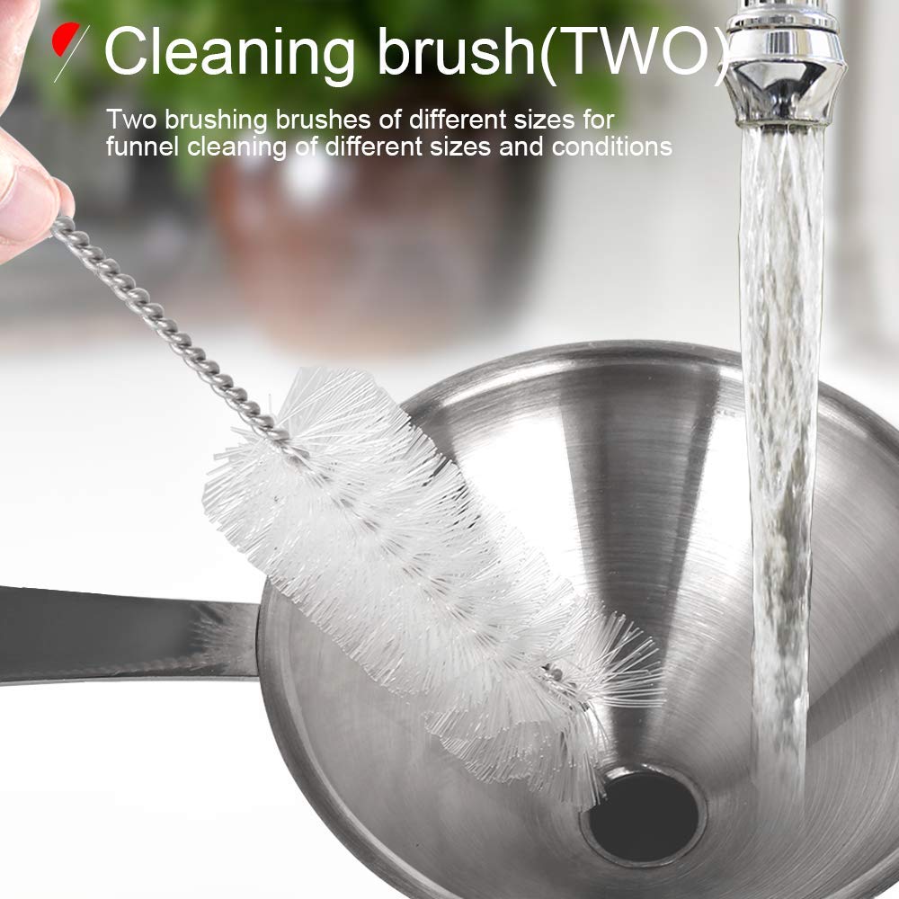 Stainless Steel Funnel, 3PCS Kitchen Funnels for Filling Bottles Set, Large Food Grade Metal Funnel with 3pcs Removable Strainer, 2pcs Brushes, Funnels for Kitchen Use, Bottle Funnel for Liquid