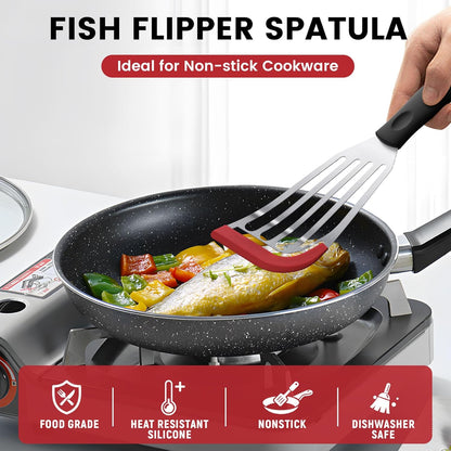 Silicone Fish Spatula, Heat Resistant Silicone Edge for Nonstick Cookware, Fish Turner for Kitchen Use, Flexible and Thin Stainless Steel Cooking utensils, Perfect Slotted Spatula for Egg, Pancake