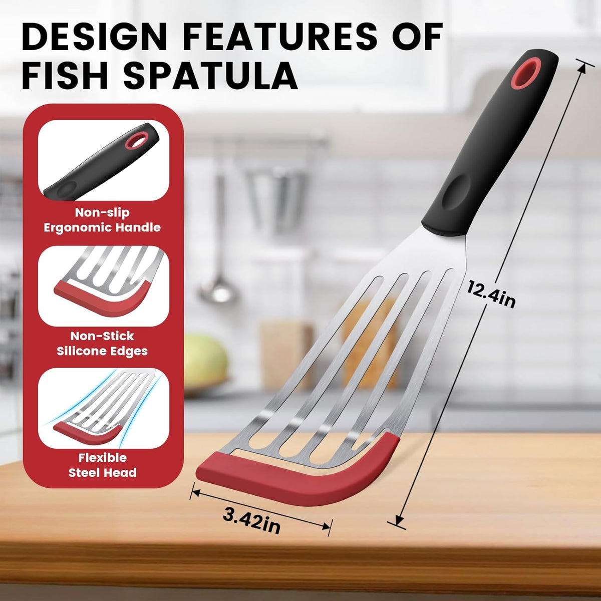 Silicone Fish Spatula, Heat Resistant Silicone Edge for Nonstick Cookware, Fish Turner for Kitchen Use, Flexible and Thin Stainless Steel Cooking utensils, Perfect Slotted Spatula for Egg, Pancake