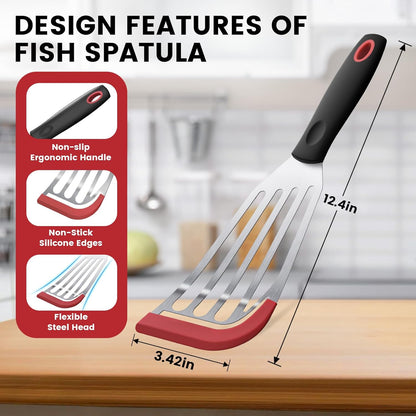 Silicone Fish Spatula, Heat Resistant Silicone Edge for Nonstick Cookware, Fish Turner for Kitchen Use, Flexible and Thin Stainless Steel Cooking utensils, Perfect Slotted Spatula for Egg, Pancake