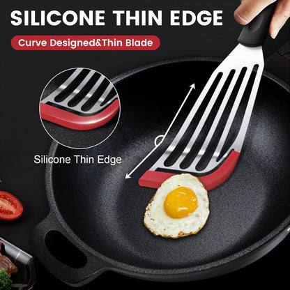 Silicone Fish Spatula, Heat Resistant Silicone Edge for Nonstick Cookware, Fish Turner for Kitchen Use, Flexible and Thin Stainless Steel Cooking utensils, Perfect Slotted Spatula for Egg, Pancake