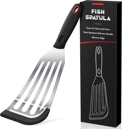Silicone Fish Spatula, Heat Resistant Silicone Edge for Nonstick Cookware, Fish Turner for Kitchen Use, Flexible and Thin Stainless Steel Cooking utensils, Perfect Slotted Spatula for Egg, Pancake