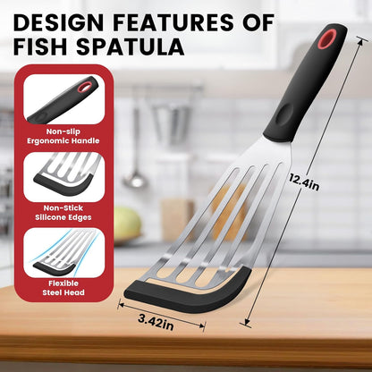 Silicone Fish Spatula, Heat Resistant Silicone Edge for Nonstick Cookware, Fish Turner for Kitchen Use, Flexible and Thin Stainless Steel Cooking utensils, Perfect Slotted Spatula for Egg, Pancake