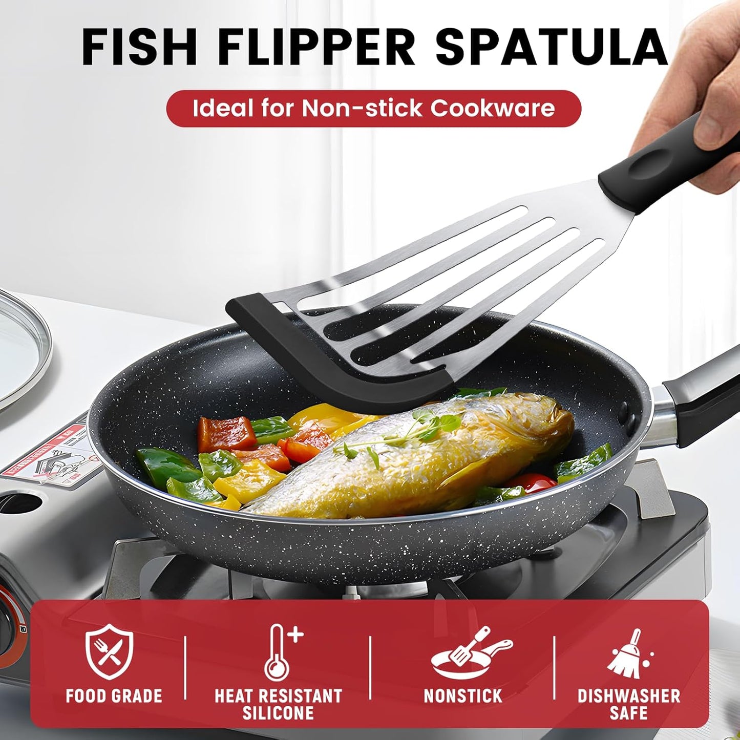 Silicone Fish Spatula, Heat Resistant Silicone Edge for Nonstick Cookware, Fish Turner for Kitchen Use, Flexible and Thin Stainless Steel Cooking utensils, Perfect Slotted Spatula for Egg, Pancake