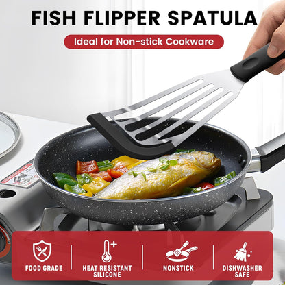 Silicone Fish Spatula, Heat Resistant Silicone Edge for Nonstick Cookware, Fish Turner for Kitchen Use, Flexible and Thin Stainless Steel Cooking utensils, Perfect Slotted Spatula for Egg, Pancake