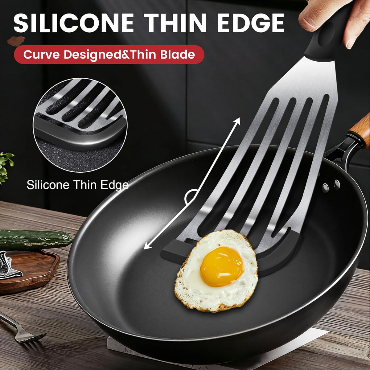 Silicone Fish Spatula, Heat Resistant Silicone Edge for Nonstick Cookware, Fish Turner for Kitchen Use, Flexible and Thin Stainless Steel Cooking utensils, Perfect Slotted Spatula for Egg, Pancake
