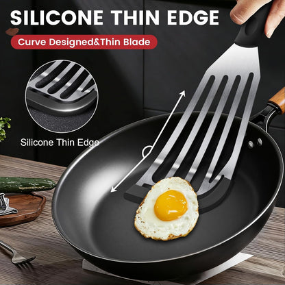 Silicone Fish Spatula, Heat Resistant Silicone Edge for Nonstick Cookware, Fish Turner for Kitchen Use, Flexible and Thin Stainless Steel Cooking utensils, Perfect Slotted Spatula for Egg, Pancake