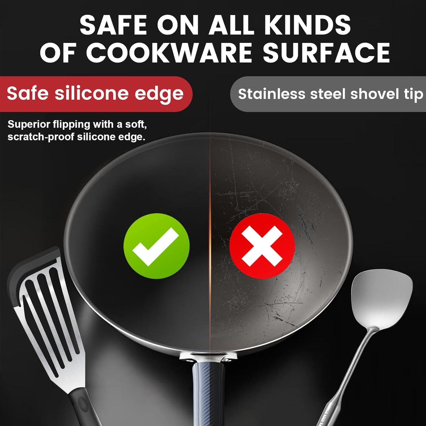 Silicone Fish Spatula, Heat Resistant Silicone Edge for Nonstick Cookware, Fish Turner for Kitchen Use, Flexible and Thin Stainless Steel Cooking utensils, Perfect Slotted Spatula for Egg, Pancake