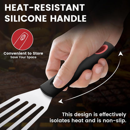 Silicone Fish Spatula, Heat Resistant Silicone Edge for Nonstick Cookware, Fish Turner for Kitchen Use, Flexible and Thin Stainless Steel Cooking utensils, Perfect Slotted Spatula for Egg, Pancake