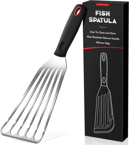Silicone Fish Spatula, Heat Resistant Silicone Edge for Nonstick Cookware, Fish Turner for Kitchen Use, Flexible and Thin Stainless Steel Cooking utensils, Perfect Slotted Spatula for Egg, Pancake