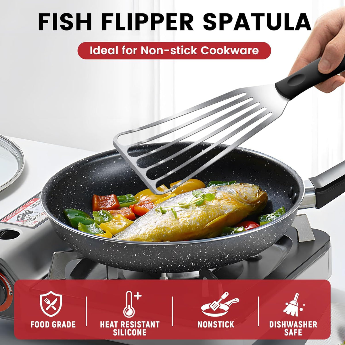 Silicone Fish Spatula, Heat Resistant Silicone Edge for Nonstick Cookware, Fish Turner for Kitchen Use, Flexible and Thin Stainless Steel Cooking utensils, Perfect Slotted Spatula for Egg, Pancake