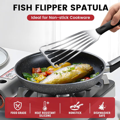 Silicone Fish Spatula, Heat Resistant Silicone Edge for Nonstick Cookware, Fish Turner for Kitchen Use, Flexible and Thin Stainless Steel Cooking utensils, Perfect Slotted Spatula for Egg, Pancake