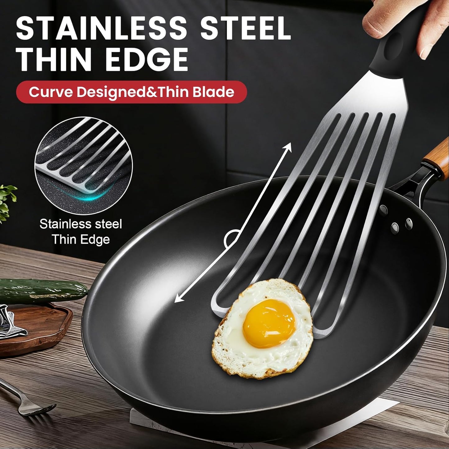 Silicone Fish Spatula, Heat Resistant Silicone Edge for Nonstick Cookware, Fish Turner for Kitchen Use, Flexible and Thin Stainless Steel Cooking utensils, Perfect Slotted Spatula for Egg, Pancake